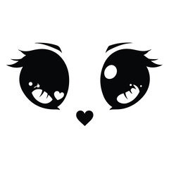 Cute Anime Eyes With Heart Nose Black And White Vector Illustration For Graphic Design And Stickers