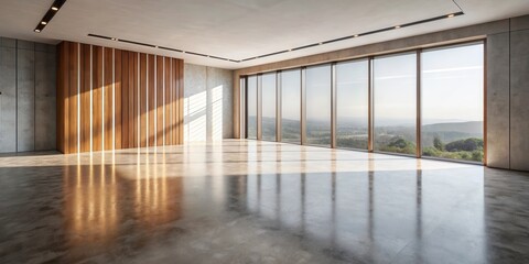 Sunlit Modern Room with Expansive Window Views and Polished Concrete Floor