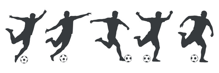 Five Dynamic Silhouettes of Soccer Players in Action with Balls