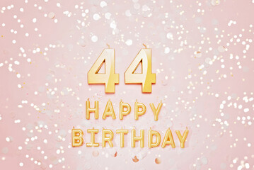 Number 44 forty four golden celebration birthday candle on Festive Background. ninety five years birthday. concept of celebrating birthday, anniversary, important date, holiday