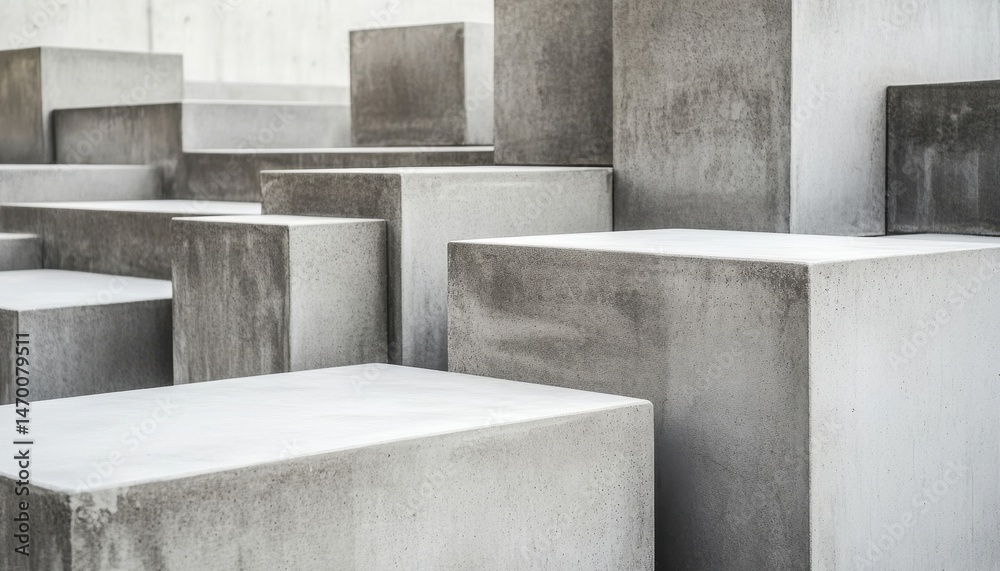 Poster abstract composition of concrete blocks in varying sizes and shapes. monochromatic palette with text