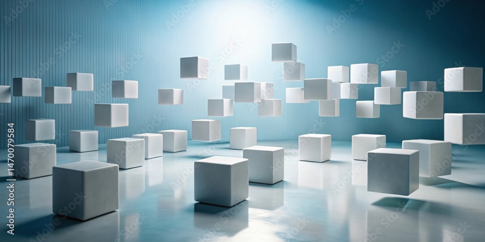 Poster Abstract composition of floating white cubes in a minimalist blue room, showcasing modern design and spatial relationships