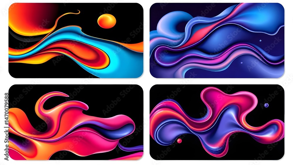 Fototapete set of 4 abstract modern graphic liquid elements. dynamical waves vivid colors fluid forms. isolated