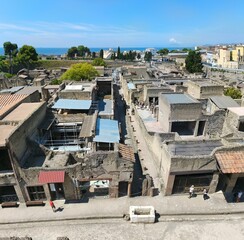 Panoramic photo from above of the excavations of Herculaneum, the ancient Roman city destroyed by the eruption of Vesuvius in 79 AD