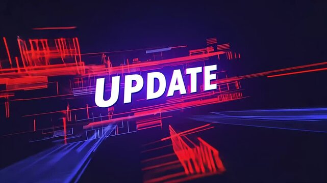 UPDATE in white letters on a dynamic, abstract background with red and blue streaks