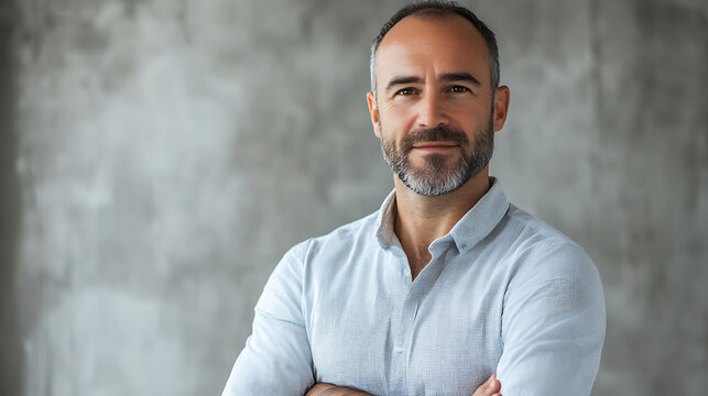 Confident mature businessman poses against a gray concrete wall with his arms folded smiling calmly
