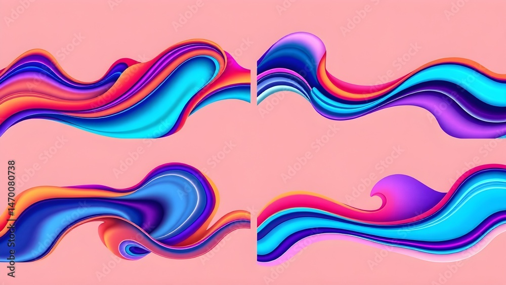 Fototapete set of 4 abstract modern graphic liquid elements. dynamical waves vivid colors fluid forms. isolated