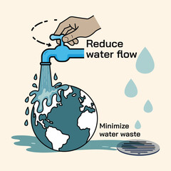 Illustration promoting water conservation, a hand reduces water flow from a faucet over the Earth, emphasizing the message "Reduce water flow Minimize water waste." Eco-friendly design.