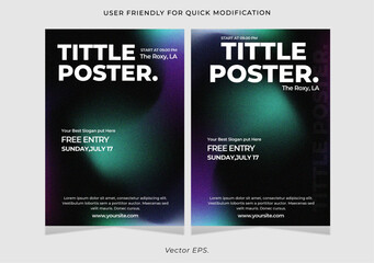 Editable promotional poster design for event announcement with bold typography and soft green-blue gradient blur background