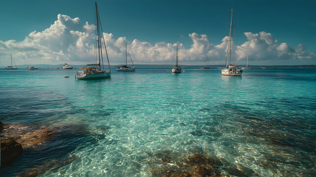 Crystal clear waters and sailboats create a serene coastal scene in a tropical paradise