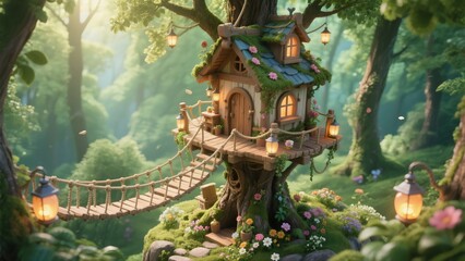 Fototapeta premium Enchanting treehouse nestled in a whimsical forest, with glowing lanterns, lush greenery, and a rope bridge leading to a cozy wooden dwelling, creating a magical and inviting scene 8K