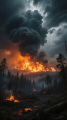 Fototapeta premium Inferno in the Woods: A Catastrophic Wildfire Engulfs the Forest Under a Thunderous Sky, Painting a Scene of Destruction and Despair 8K