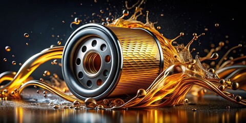 A gleaming metallic oil filter is dramatically showcased amidst a vibrant splash of golden lubricant, emphasizing its role in automotive maintenance and fluid filtration.