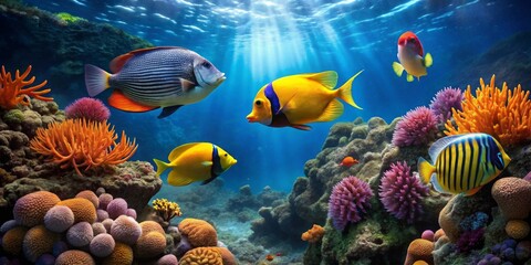 Vibrant underwater scene showcasing a diverse array of colorful fish and coral reef formations bathed in sunlight