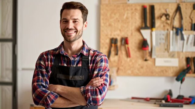Portrait of smiling carpenter in flannel shirt and work apron, arms crossed, tools hanging on pegboard behind