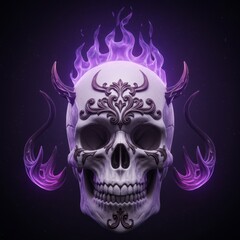Fototapeta premium Ornate skull with violet flames, a dark fantasy illustration of gothic art