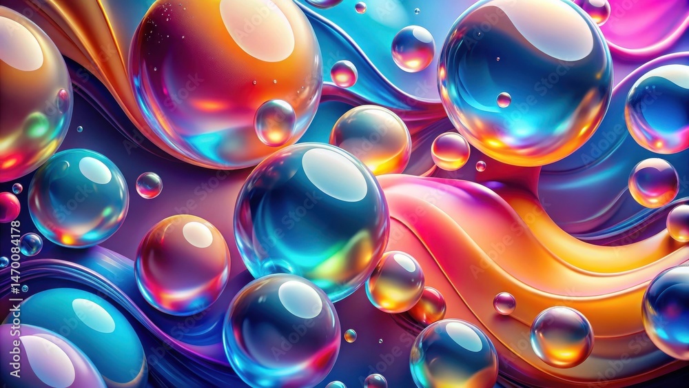 Poster abstract colorful spheres floating in a vibrant wavelike pattern of shimmering hues
