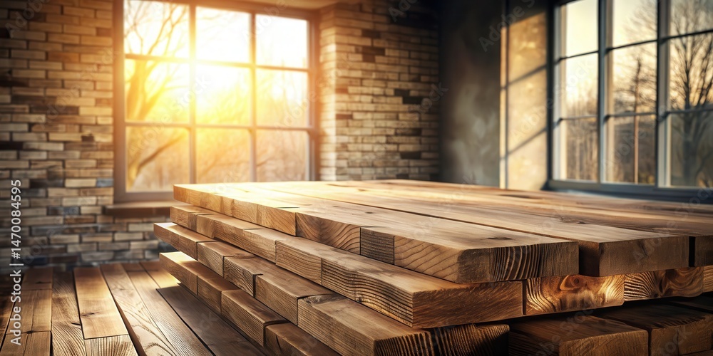 Aufkleber rustic wooden tabletop display against a brick wall with sunlight streaming through windows