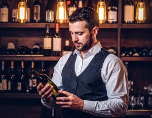 Man Examining Wine Bottle in Dimly Lit Wine Cellar