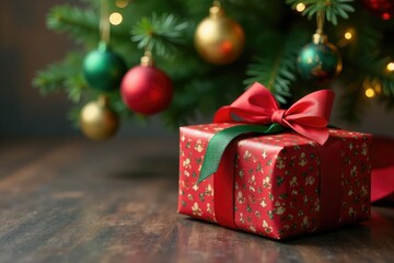 A beautifully wrapped Christmas gift sits under a decorated Christmas tree Red ribbon, green bows, festive ornaments , green, christmas present, holiday gift