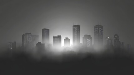 Monochrome cityscape silhouette buildings foggy atmosphere