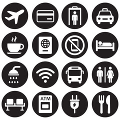 Airport travel icons in black circles