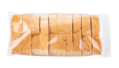 Packaged loaf of sliced bread ready for consumption.