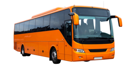A modern orange coach bus with large windows and side mirrors.