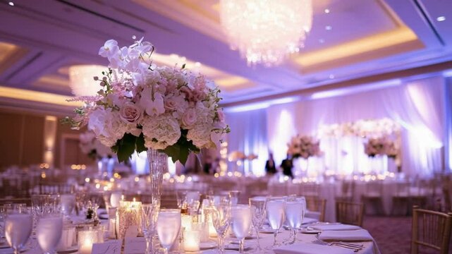 wedding reception room with glasses on the table