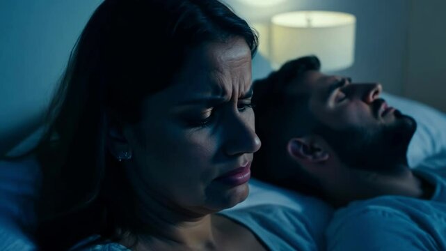 Worried woman observing man experiencing nightmares while sleeping in dimly lit bedroom. His face contorts in distress as she watches with increasing concern and anxiety throughout the night.