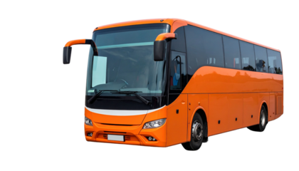 Modern orange coach bus with large windows and sleek design.
