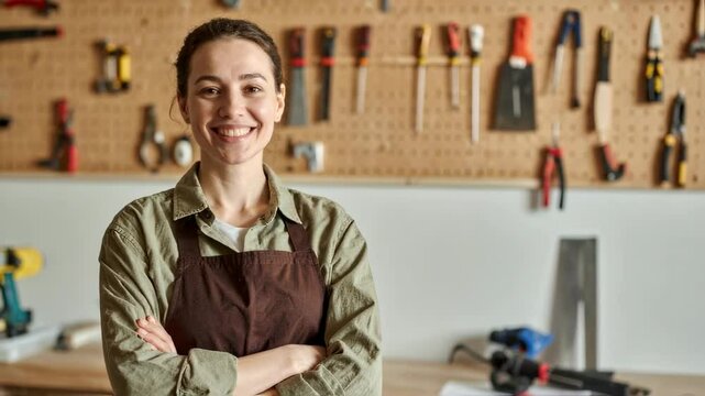 Portrait of smiling carpenter in flannel shirt and work apron, arms crossed, tools hanging on pegboard behind