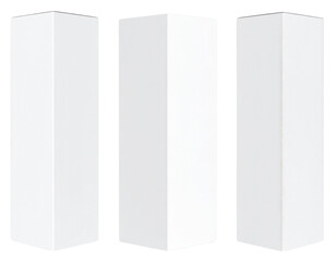 Three tall, white rectangular columns are standing vertically in a row.