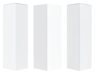 Three tall, white rectangular columns are standing vertically in a row.