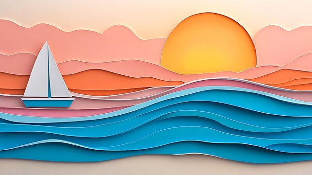Paper art sunset sailboat ocean.