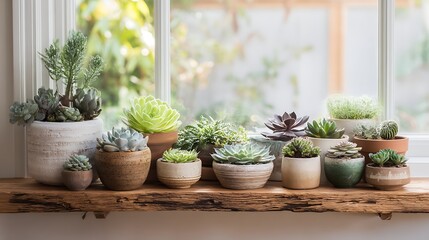 Fototapeta premium Windowsill succulent collection in rustic pots