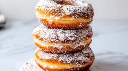 Stack of delectable donuts generously sprinkled with powdered sugar elegance