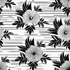 Abstract Repeating Pattern Of Stylized Flowers With Leaves, Rendered In Black And White Against A Horizontally Striped Background.