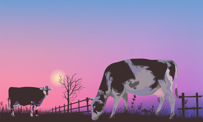 Livestock farm with cow, cattle on farming land view background vector illustration. Agricultural and harvest theme design.