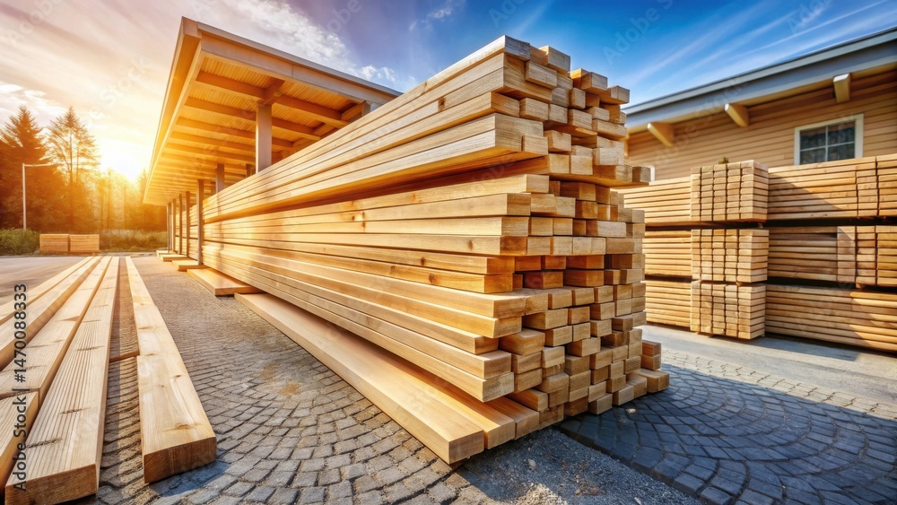 Poster sunlight illuminates stacks of lumber at a construction supply yard, ready for building projects