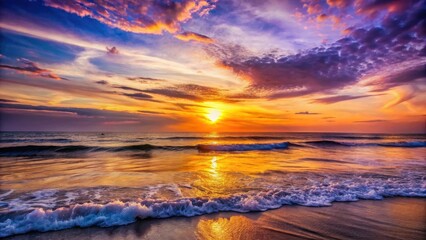 Obraz premium Serene Ocean Sunset Waves Gently Crashing on Sandy Shore at Dusk with Vivid, Colorful Sky