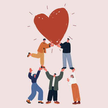 Cartoon vector illustration of a group of people holding a big heart together as a symbol of unity, love, and collective support