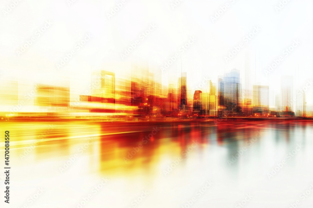 Fototapete abstract blurred background with digital technology and city buildings in motion blur, white space f