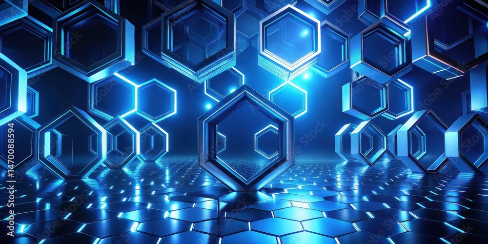 Poster abstract hexagonal structure illuminated with vibrant blue neon lights, futuristic geometric design,
