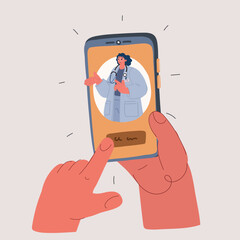 Cartoon vector illustration of hands holding a smartphone with a doctor woman on the screen, symbolizing medical consultation and appointment booking