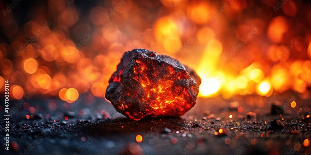 Poster Glowing Embers Resting on Dark Surface with a Fiery Background