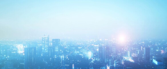 Light blue gradient background, white space in the middle of the screen, light rays, light effects, blurred city lights, futuristic style, digital art