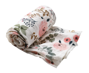 Floral muslin wrap for versatile styling and cozy comfort on a transparent background, cut out