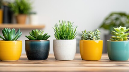 Fototapeta premium Ceramic Glaze Unique Concept, Unique Collection of Ceramic Planters Featuring Diverse Plants and Vibrant Colors for Modern Home Decor