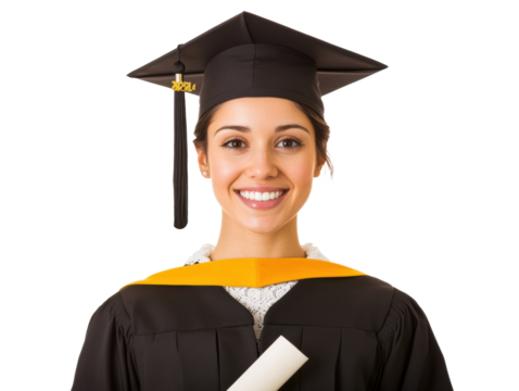 Graduation celebration with proud young woman holding diploma on a transparent background, cut out